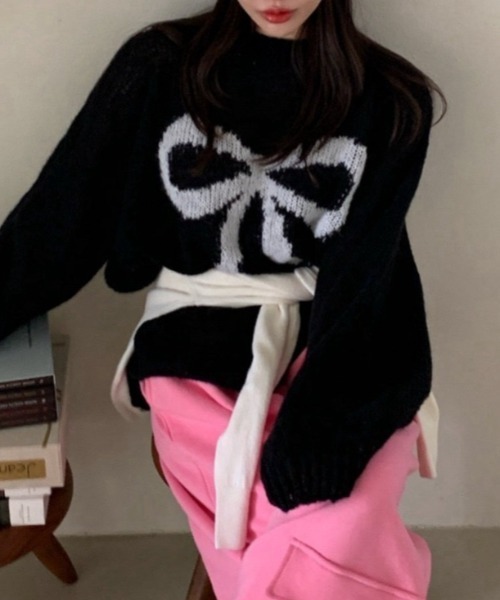 Vipoa(ヴィポア)の「front ribbon thin sweater(ニット/セーター・レディース・ブラック/ピンク/グリーン/ホワイト・FREE)」の12枚目の写真