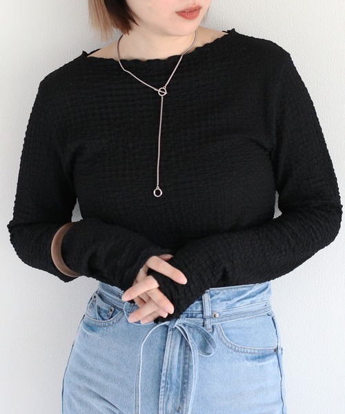 cepo(セポ)の「シャーリングボートネックプルオーバー(Tシャツ/カットソー・レディース・オフホワイト/ブラック・M)」の2枚目の写真
