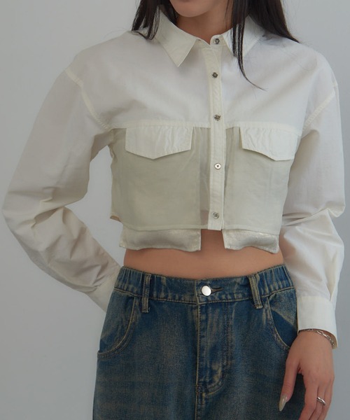MAGASIN DE MODE Onjna(マガジンデモードオンジェナ )の「【MAGASIN DE MODE Onjna】Organdy metal pocket short shirts / オーガンジーメタルポケットショートシャツ trc(シャツ/ブラウス・レディース・ブラック/グレイッシュベージュ/オフホワイト・FREE)」の9枚目の写真