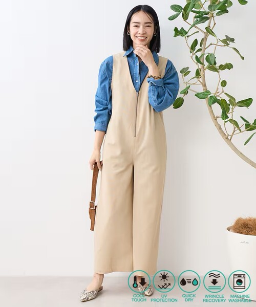 FREAK'S STORE(フリークスストア)の「接触冷感/UV リネンタッチ オールインワン/リネンタッチ サロペット(つなぎ/オールインワン・レディース・グレー/ベージュ/ブラック・フリ-)」の3枚目の写真