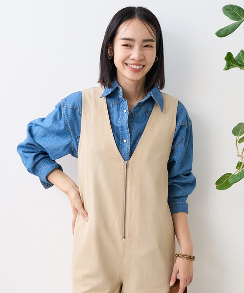 FREAK'S STORE(フリークスストア)の「接触冷感/UV リネンタッチ オールインワン/リネンタッチ サロペット(つなぎ/オールインワン・レディース・グレー/ベージュ/ブラック・フリ-)」の4枚目の写真