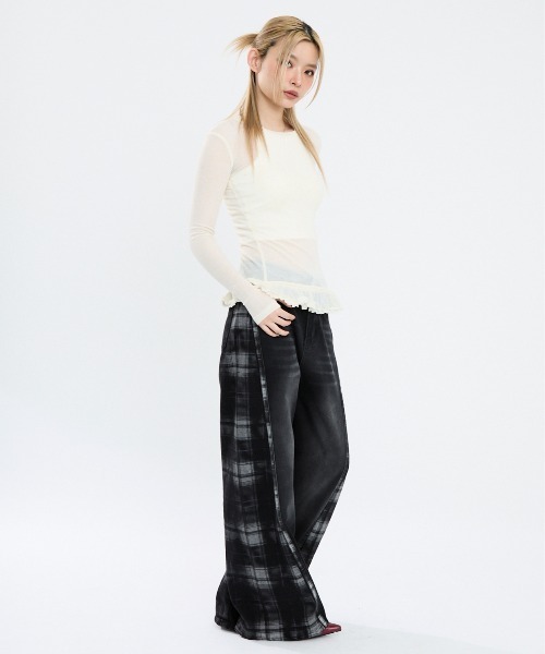 doluke フレアパンツ チェック タータンチェック 裾フリルフレアパンツ:ブルー×レッド | SWIVEL