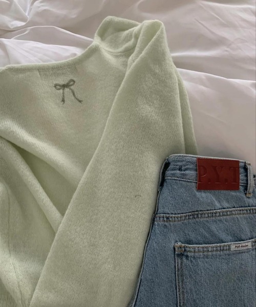 セール】バックリボン刺繍ふんわりニットカーディガン