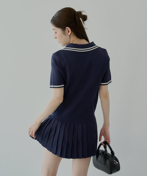 【Cider】ポロ プリーツ ミニ ワンピース clear≪SS新作≫ポロ襟ニットプリーツミニワンピース[CL9334