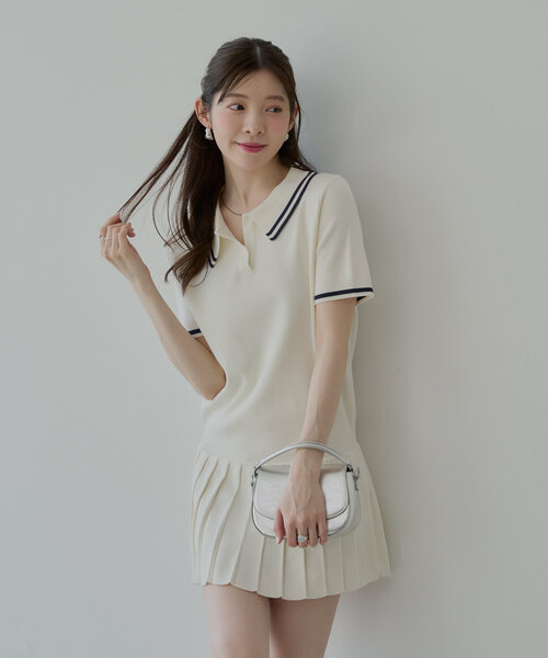 【Cider】ポロ プリーツ ミニ ワンピース one after another NICE CLAUP ワンピース ポロ襟プリーツミニ