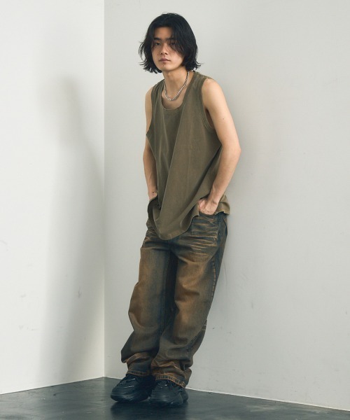 Shoowtime(ショウタイム)の「Pigment dyed oversized tank top / ピグメントダイオーバーサイズタンクトップ(タンクトップ・メンズ・ブラウン系/グレー系/ライトグレー系/ライトグリーン系・X-LARGE/MEDIUM/LARGE)」の21枚目の写真