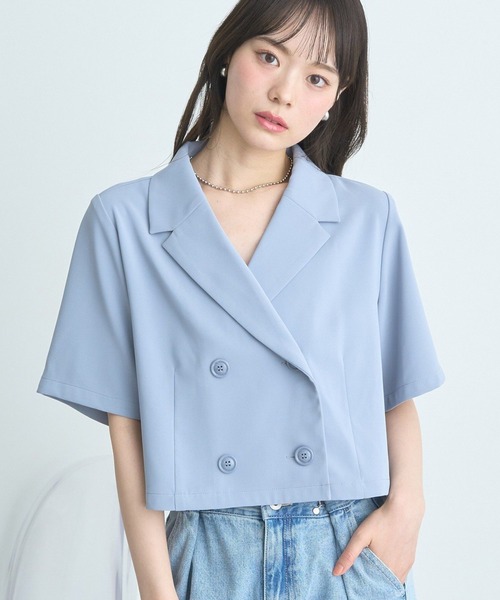 earth music&ecology(アースミュージックアンドエコロジー)の「ショートテーラードジャケット(テーラードジャケット・レディース・アイボリー/サックスブルー/ブラック・FREE)」の3枚目の写真