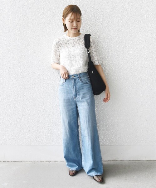 SHIPS for women / シップスウィメン 〈手洗い可能〉ラッセル レース クルーネック 5分袖 カットソー SHIPS tシャツ 「手洗い可能」ラッセル レース クルーネック 5分