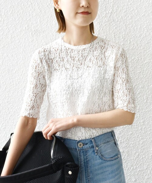 セール】〈手洗い可能〉ラッセル レース クルーネック 5分袖