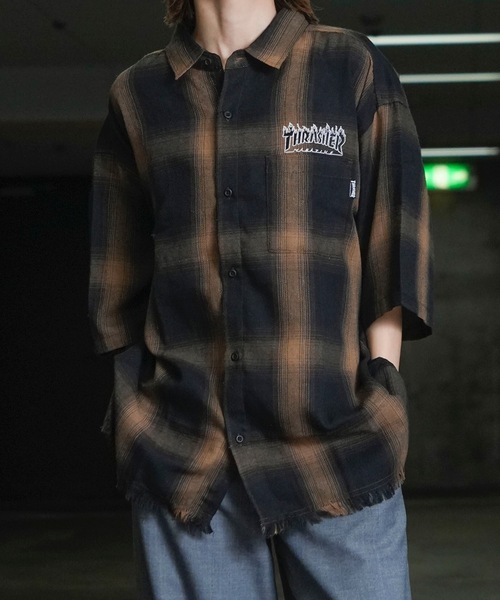 THRASHER（スラッシャー）の「CHECK DAMAGE S/S SHIRTS / THRASHERスラッシャーチェックダメージ半袖シャツ（シャツ/ブラウス・メンズ・ブラウン/ブラック・MEDIUM/LARGE/X-LARGE）」の5枚目の写真