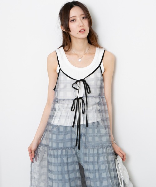 pium フロントリボンティアードミニワンピース ホワイトチェック フロントリボンティアードミニワンピース – pium