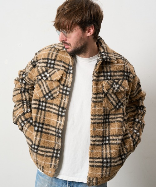 STUD MUFFIN(スタッドマフィン)の「STUD MUFFIN/スタッドマフィン/ブロックチェックムックボア サガラパッチワーク ブルゾン(ブルゾン・メンズ・ベージュ/グレー・2/3/4)」の2枚目の写真