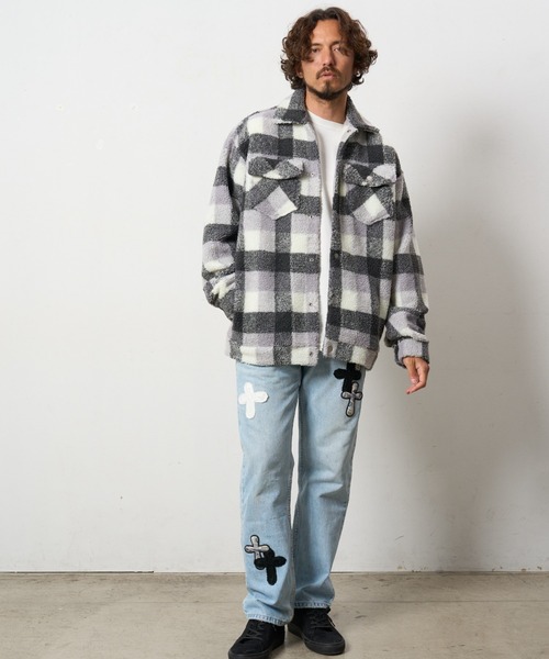 STUD MUFFIN(スタッドマフィン)の「STUD MUFFIN/スタッドマフィン/ブロックチェックムックボア サガラパッチワーク ブルゾン(ブルゾン・メンズ・ベージュ/グレー・2/3/4)」の3枚目の写真