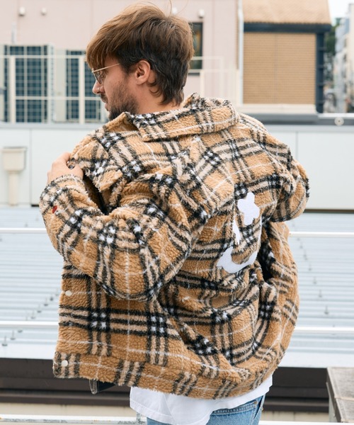 STUD MUFFIN(スタッドマフィン)の「STUD MUFFIN/スタッドマフィン/ブロックチェックムックボア サガラパッチワーク ブルゾン(ブルゾン・メンズ・ベージュ/グレー・2/3/4)」の7枚目の写真