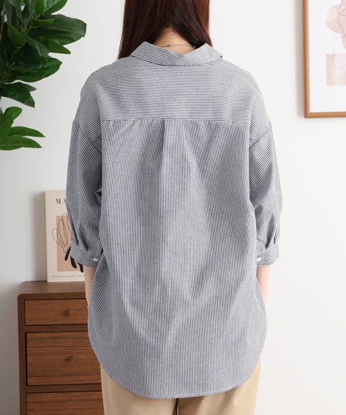 Quelle Chance（ケルシャンス）の「キャットリボン刺繍タックシャツ（シャツ/ブラウス・レディース・ネイビー/オフホワイト/ストライプ/ブルー系その他・M/L）」の10枚目の写真