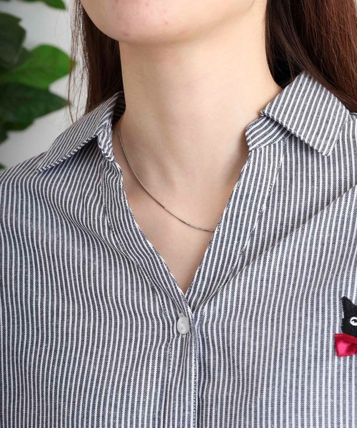Quelle Chance（ケルシャンス）の「キャットリボン刺繍タックシャツ（シャツ/ブラウス・レディース・ネイビー/オフホワイト/ストライプ/ブルー系その他・M/L）」の9枚目の写真