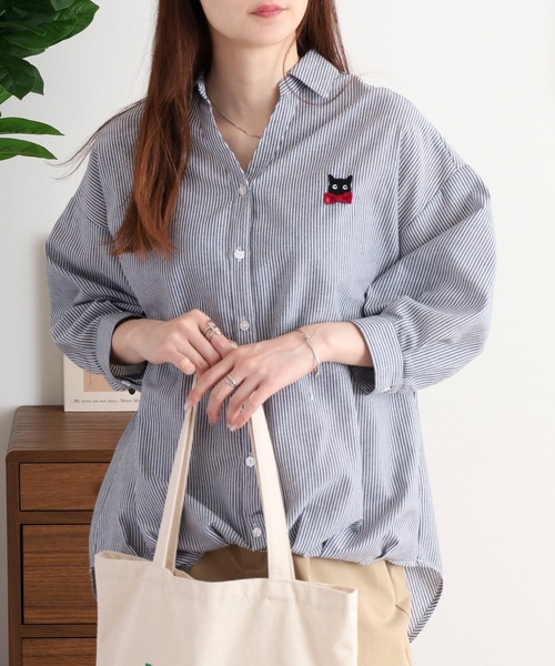 Quelle Chance（ケルシャンス）の「キャットリボン刺繍タックシャツ（シャツ/ブラウス・レディース・ネイビー/オフホワイト/ストライプ/ブルー系その他・M/L）」の15枚目の写真