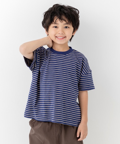 chil2（チルツー）の「綿100％ スラブ天竺ボーダー 半袖Tシャツ（Tシャツ/カットソー・キッズ・ホワイト/ピンク/モカ/ネイビー/イエロー/ブラック・80ｃｍ/90cm/100cm/110cm/120cm/130cm/140cm/150cm/160cm）」の4枚目の写真