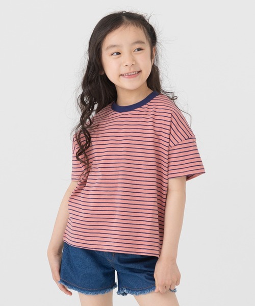 chil2（チルツー）の「綿100％ スラブ天竺ボーダー 半袖Tシャツ（Tシャツ/カットソー・キッズ・ホワイト/ピンク/モカ/ネイビー/イエロー/ブラック・80ｃｍ/90cm/100cm/110cm/120cm/130cm/140cm/150cm/160cm）」の6枚目の写真