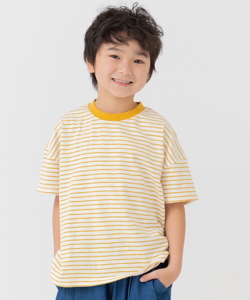 chil2（チルツー）の「綿100％ スラブ天竺ボーダー 半袖Tシャツ（Tシャツ/カットソー・キッズ・ホワイト/ピンク/モカ/ネイビー/イエロー/ブラック・80ｃｍ/90cm/100cm/110cm/120cm/130cm/140cm/150cm/160cm）」の5枚目の写真