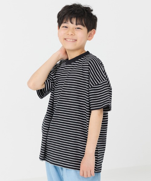chil2（チルツー）の「綿100％ スラブ天竺ボーダー 半袖Tシャツ（Tシャツ/カットソー・キッズ・ホワイト/ピンク/モカ/ネイビー/イエロー/ブラック・80ｃｍ/90cm/100cm/110cm/120cm/130cm/140cm/150cm/160cm）」の3枚目の写真