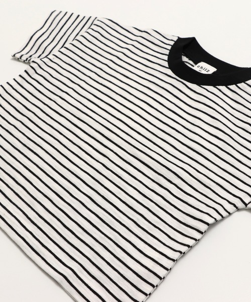 chil2（チルツー）の「綿100％ スラブ天竺ボーダー 半袖Tシャツ（Tシャツ/カットソー・キッズ・ホワイト/ピンク/モカ/ネイビー/イエロー/ブラック・80ｃｍ/90cm/100cm/110cm/120cm/130cm/140cm/150cm/160cm）」の16枚目の写真