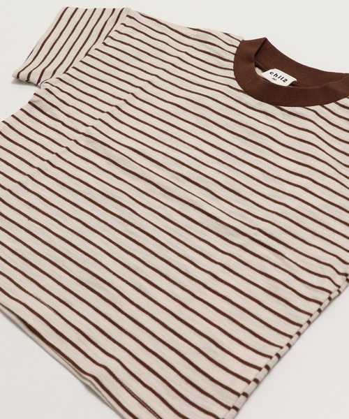 chil2（チルツー）の「綿100％ スラブ天竺ボーダー 半袖Tシャツ（Tシャツ/カットソー・キッズ・ホワイト/ピンク/モカ/ネイビー/イエロー/ブラック・80ｃｍ/90cm/100cm/110cm/120cm/130cm/140cm/150cm/160cm）」の18枚目の写真