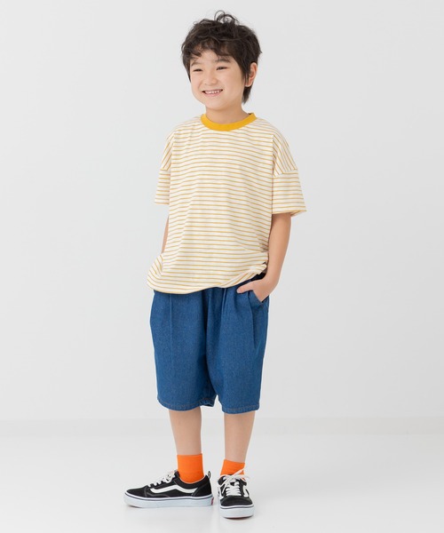 chil2（チルツー）の「綿100％ スラブ天竺ボーダー 半袖Tシャツ（Tシャツ/カットソー・キッズ・ホワイト/ピンク/モカ/ネイビー/イエロー/ブラック・80ｃｍ/90cm/100cm/110cm/120cm/130cm/140cm/150cm/160cm）」の8枚目の写真