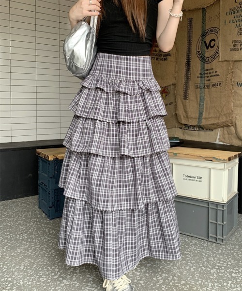 gossip!ロサンゼルス(ゴシップロサンゼルス)の「フリルレイヤード チェックスカート(スカート・レディース・ブラック/グレー・S/M/L)」の3枚目の写真