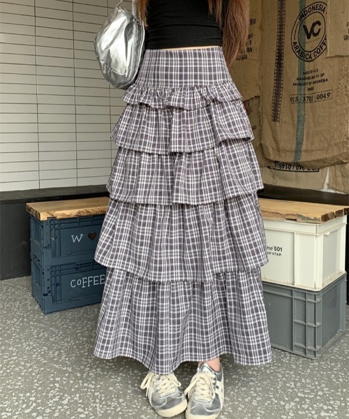 gossip!ロサンゼルス(ゴシップロサンゼルス)の「フリルレイヤード チェックスカート(スカート・レディース・ブラック/グレー・S/M/L)」の4枚目の写真