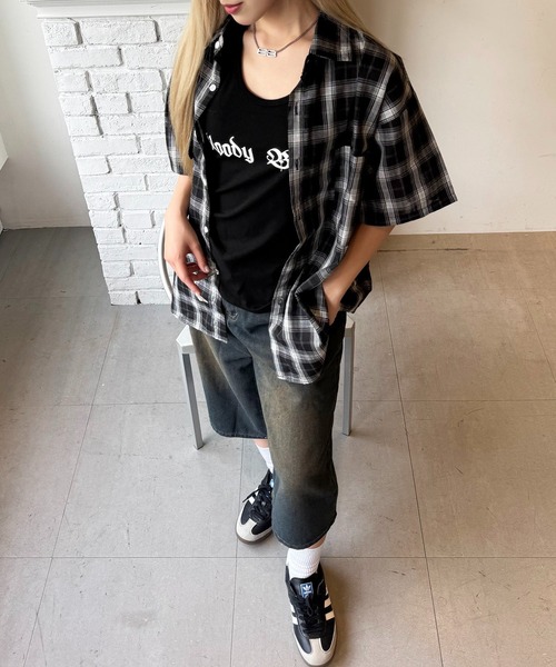 lilful(リルフル)の「Y2Kチェック柄ビッグシャツ ユニセックス(シャツ/ブラウス・レディース・ホワイト/ブラウン/ブラック・L/M)」の12枚目の写真