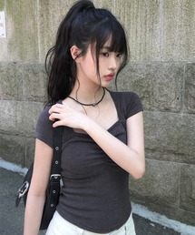[MADE] ハートネックキャップスリーブシャーリング半袖Tシャツ