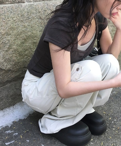 anyonemore（エニワンモア）の「[MADE] ハートネックキャップスリーブシャーリング半袖Tシャツ（Tシャツ/カットソー・レディース・ストライプ/チャコール/アイボリー/ブラック・FREE）」の7枚目の写真