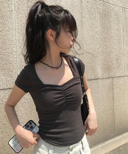 anyonemore（エニワンモア）の「[MADE] ハートネックキャップスリーブシャーリング半袖Tシャツ（Tシャツ/カットソー・レディース・ストライプ/チャコール/アイボリー/ブラック・FREE）」の8枚目の写真