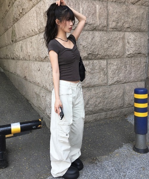 anyonemore（エニワンモア）の「[MADE] ハートネックキャップスリーブシャーリング半袖Tシャツ（Tシャツ/カットソー・レディース・ストライプ/チャコール/アイボリー/ブラック・FREE）」の11枚目の写真