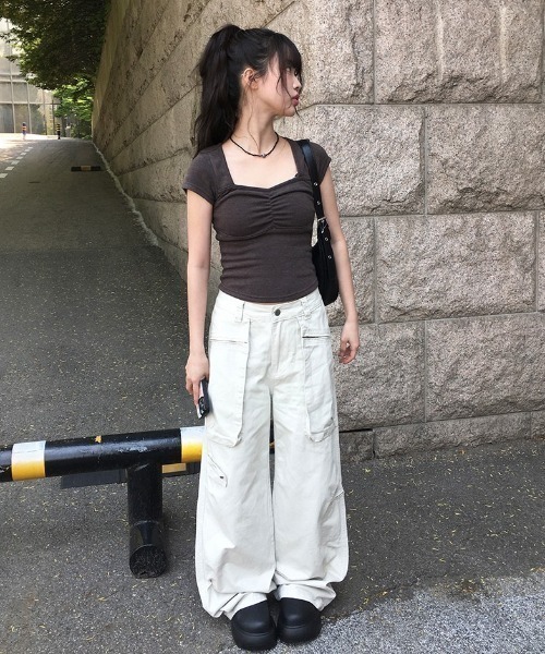 anyonemore（エニワンモア）の「[MADE] ハートネックキャップスリーブシャーリング半袖Tシャツ（Tシャツ/カットソー・レディース・ストライプ/チャコール/アイボリー/ブラック・FREE）」の10枚目の写真