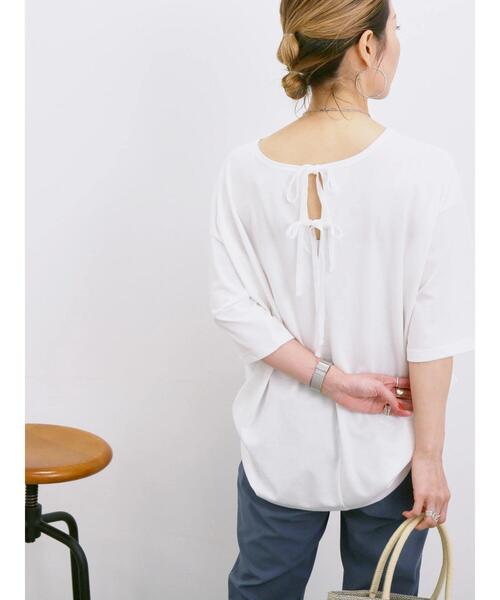 Samansa Mos2 blue(サマンサモスモスブルー)の「◎【接触冷感】バックリボンTシャツ(Tシャツ/カットソー・レディース・チャコールグレー/オフホワイト/サックスブルー・F)」の2枚目の写真