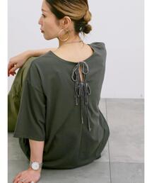 Samansa Mos2 blue | ◎【接触冷感】バックリボンTシャツ(Tシャツ/カットソー)
