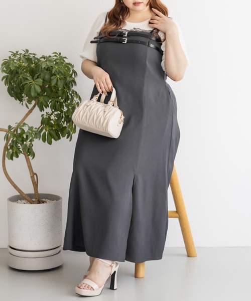 CLETTE(クレット)の「ベルトデザインスリットキャミワンピース(ワンピース・レディース・チャコールグレー/ライトベージュ/ブラック・LL/3L/4L)」の3枚目の写真