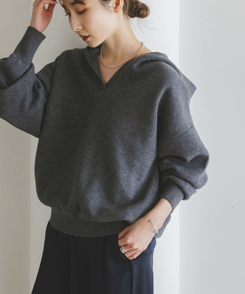 Noble（ノーブル）の「《追加》接結タック編みフードプルオーバー（ニット/セーター・レディース・ライトグレー/ブラウン/ベージュ系その他/ブラック・FREE）」の3枚目の写真