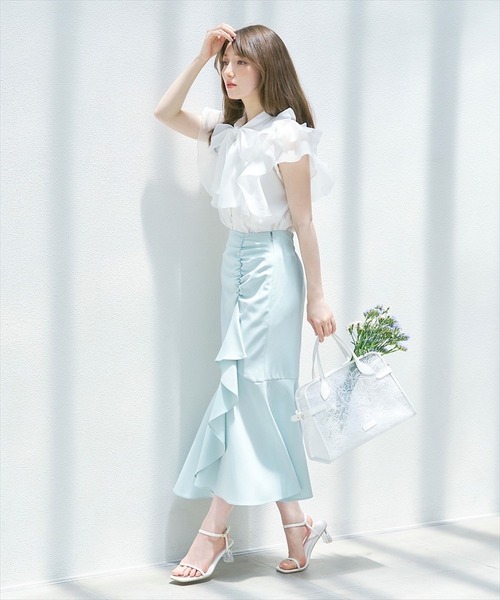 SWINGLE（スウィングル）の「シャーリングフリルマーメイドスカート（スカート・レディース・ネイビー/ベージュ/ミント・SMALL/MEDIUM）」の8枚目の写真