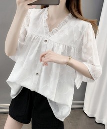 Miniministore（ミニミニストア）の「Vネックフリルブラウス 花柄刺しゅう夏服（シャツ/ブラウス）」