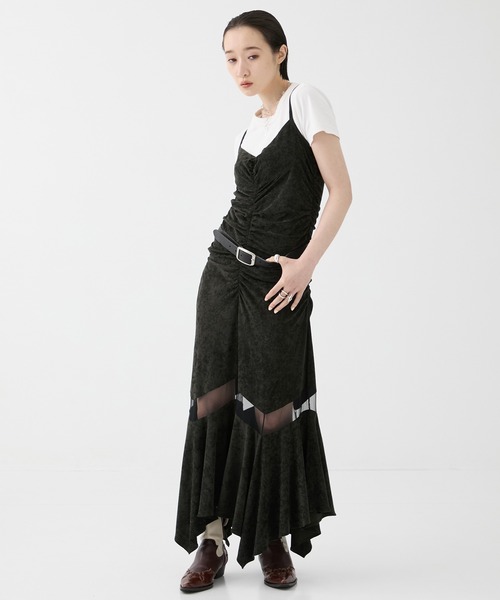ワンピース FETICO FLORAL PRINT RUFFLED-HAM VELOUR FLORAL PRINT RUFFLED-HEM VELOUR DRESS｜FETICO