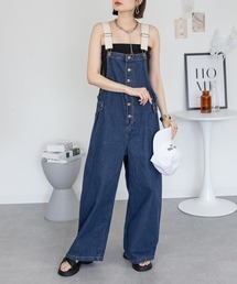 配色ショルダーデニムサロペットパンツ