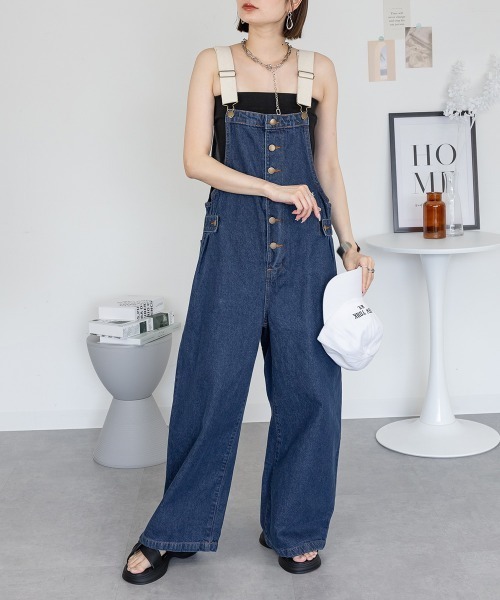 RCD（アールシーディー）の「配色ショルダーデニムサロペットパンツ（サロペット/オーバーオール・レディース・ワンウォッシュ/ネイビー・4L/3L/LL/L/M）」の2枚目の写真