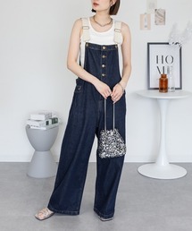 配色ショルダーデニムサロペットパンツ
