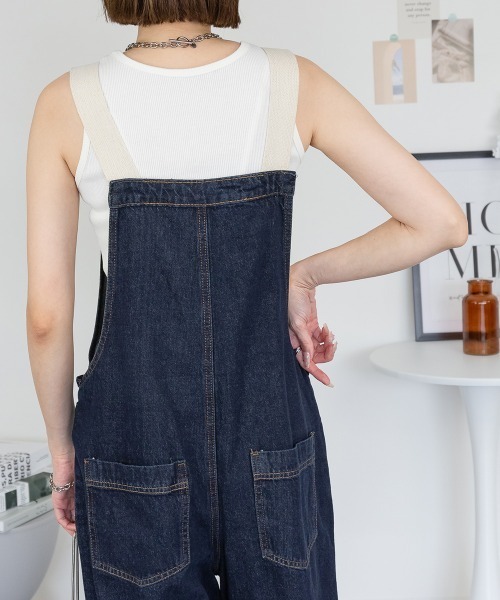 RCD（アールシーディー）の「配色ショルダーデニムサロペットパンツ（サロペット/オーバーオール・レディース・ワンウォッシュ/ネイビー・4L/3L/LL/L/M）」の3枚目の写真