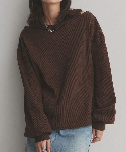 ad thie(アドティエ)の「フェイクレイヤードデザイン ワッフルプルオーバー(Tシャツ/カットソー・レディース・杢グレー/ブラック/ダークブラウン/オフホワイト/ボルドー/ライトグレー・FREE)」の5枚目の写真