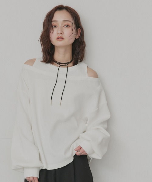 ad thie(アドティエ)の「フェイクレイヤードデザイン ワッフルプルオーバー(Tシャツ/カットソー・レディース・杢グレー/ブラック/ダークブラウン/オフホワイト/ボルドー/ライトグレー・FREE)」の2枚目の写真