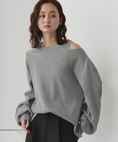 ad thie(アドティエ)の「フェイクレイヤードデザイン ワッフルプルオーバー(Tシャツ/カットソー・レディース・杢グレー/ブラック/ダークブラウン/オフホワイト/ボルドー/ライトグレー・FREE)」の1枚目の写真